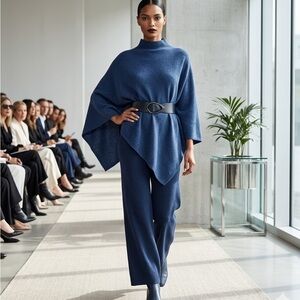 NWT Time and Tru Blue Soft Knit Mock Neck Pullover Poncho Shawl S/M